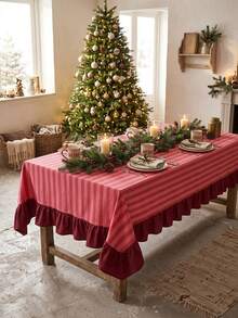 1pc Red And White Thin Striped With Burgundy Ruffle Edge Tablecloth, Christmas Baking Style Fabric Material, Rectangular Burgundy Ruffle Edge Patchwork Detail, Stain-Resistant Protection And Decorative Function For Home Long Table, Suitable For Christmas Baking Decor And Holiday Kitchen Scenes - Red - View 1