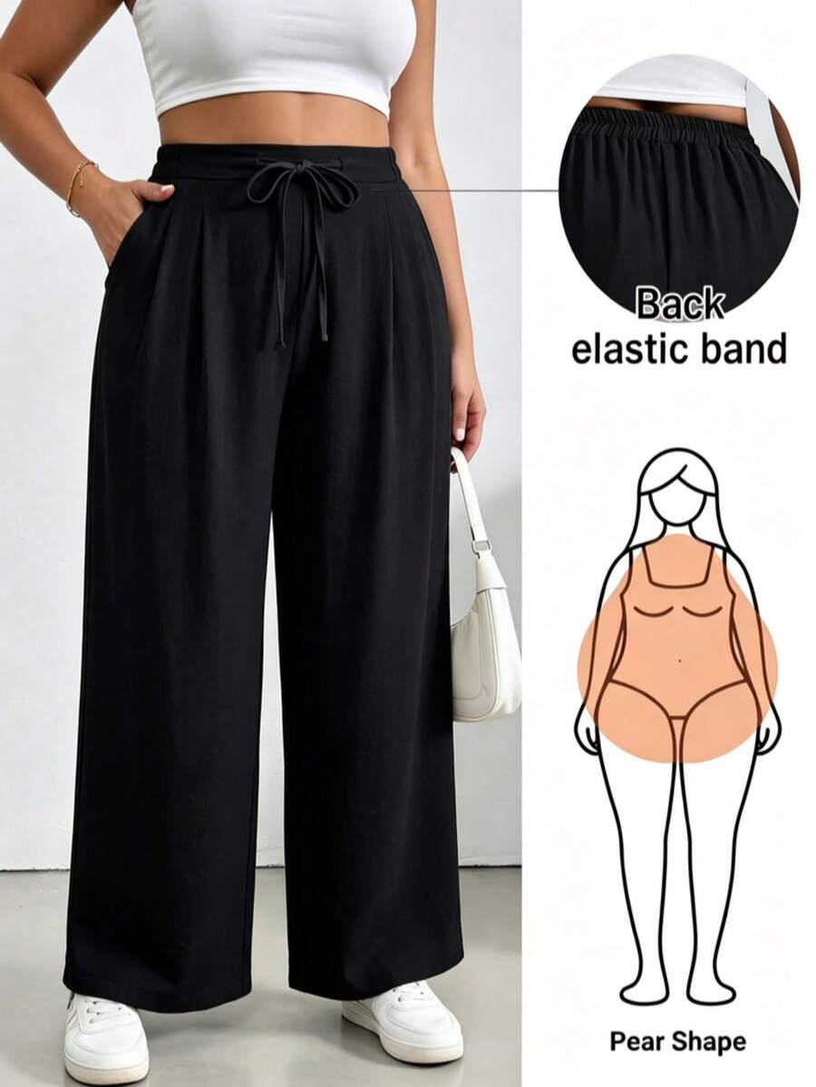Pantalones de pierna ancha de talle alto con cordón ajustable y pliegues delanteros, corte holgado que estiliza la silueta, diseño versátil ideal para oficina casual, salidas y uso diario - Negro - Ver 1