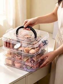 1pc Multi-Layer Divided Transparent Plastic Storage Box With Handle, Thickened Transparent Material, Multi-Compartment Classification Storage, Flip Lid With Snap Seal Dust-Proof, Stackable Space-Saving Design, Portable Handle For Easy Movement, Suitable For Storing Hair Ties, Hair Clips, Jewelry, Cosmetics, Handmade Beads Accessories, Ideal For Vanity, Desk, Bedroom Use, Multi-Functional Home Storage Box, Desktop Organizer, Beauty Accessories Classification Storage Box, Handmade Small Items Storage Box, Home Desktop Tidy Storage Solution - Clear - View 1