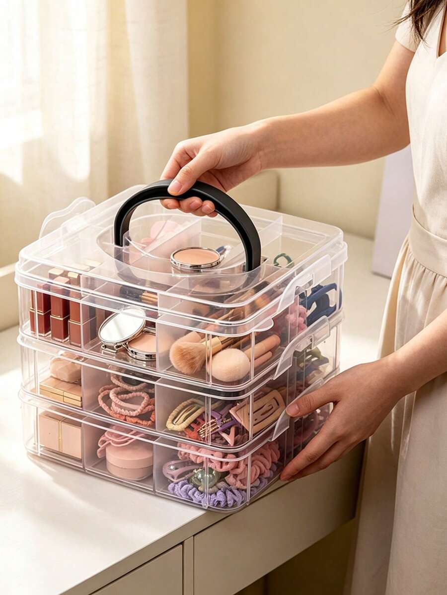 1pc Multi-Layer Divided Transparent Plastic Storage Box With Handle, Thickened Transparent Material, Multi-Compartment Classification Storage, Flip Lid With Snap Seal Dust-Proof, Stackable Space-Saving Design, Portable Handle For Easy Movement, Suitable For Storing Hair Ties, Hair Clips, Jewelry, Cosmetics, Handmade Beads Accessories, Ideal For Vanity, Desk, Bedroom Use, Multi-Functional Home Storage Box, Desktop Organizer, Beauty Accessories Classification Storage Box, Handmade Small Items Storage Box, Home Desktop Tidy Storage Solution - Clear - View 1