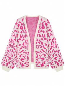 Plus Size Ladies Leopard Knit Cardigan Open Front Long Sleeve Sweater Autumn Winter Commuter Workwear Outerwear Tops - Multicolor - View 6