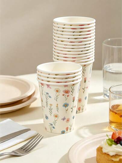 10/25/50pcs 9oz Floral Theme Paper Cups, Bathroom Cups, Oral Liquid Cups, Paper Cups, Drinking Cups, Party Paper Cups, Home & Office Use, Espresso Cups, Fruit Juice, Candy & Snack Cups, New Year Gifts, Suitable For Various Holidays