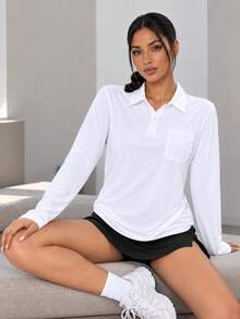 Women's Long Sleeve Polo Shirt Classic Collar Button Front Pocket Casual Top - White - View 3