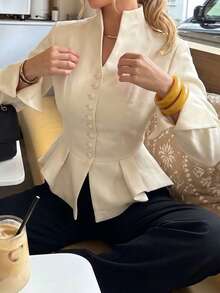 Unadoll Women's Autumn Elegant Stand Collar Single-Breasted Ruffle Trim Blazer, Long Flare Sleeve Slim Fit Formal Jacket, Suitable For Office, Daily And Outings - Off White - View 3