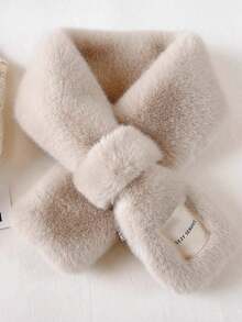 Women's Faux Fur Collar Warm Scarf, Solid Color Fluffy Fleece, Cross Tie Design With Label, Minimalist Style, Suitable For Spring, Autumn, Winter Daily Wear - Multicolor - View 3