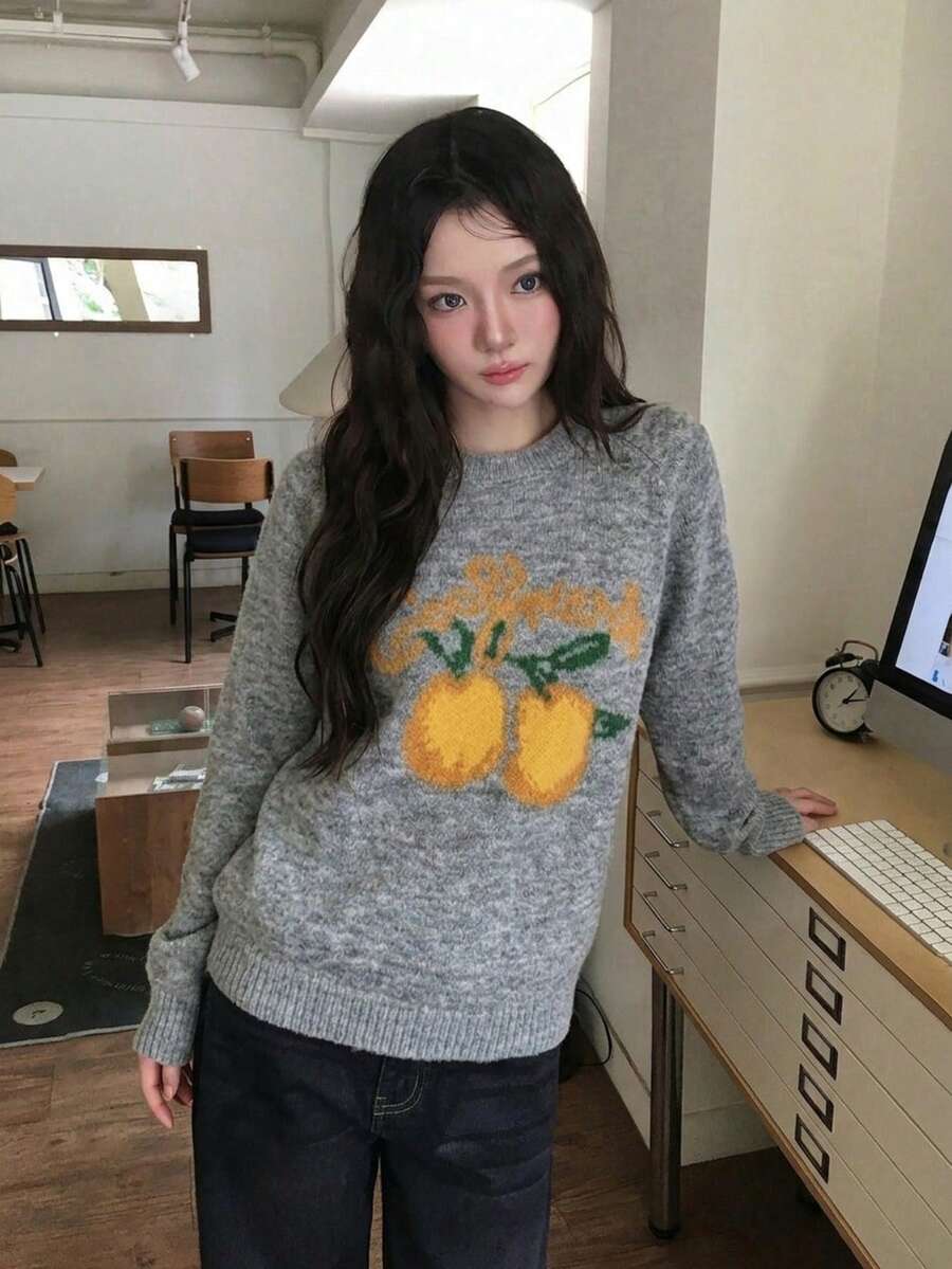 Korean Style Orange Embroidery Print Pullover Sweater Women Autumn Winter Loose Fit Versatile Slimming Letter Knit Top Outerwear - Grey - View 1