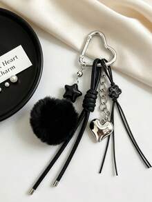 Korean Ins Style Black Pom Pom Keychain, Heart Clasp Braided Rope Bag Charm Accessory - Multicolor - View 1
