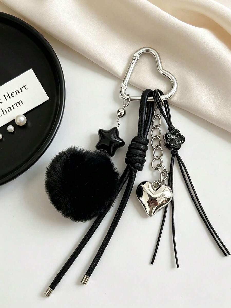 Korean Ins Style Black Pom Pom Keychain, Heart Clasp Braided Rope Bag Charm Accessory - Multicolor - View 1
