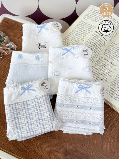 5pcs/Set Sweet Cartoon Puppy Polka Dot Japanese Style Ruffle Lace Women's Triangle Panties