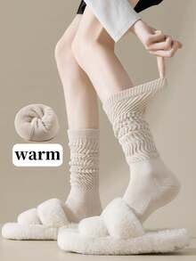 1/2/3 Pairs Women's Loose Pleated Knee-High/Mid-Calf Skateboard Socks, Warm Thick Lining, Solid Color Design, College Style Vintage, Suitable For Autumn/Winter Matching JK, Street Style Outfits - Multicolor - View 1
