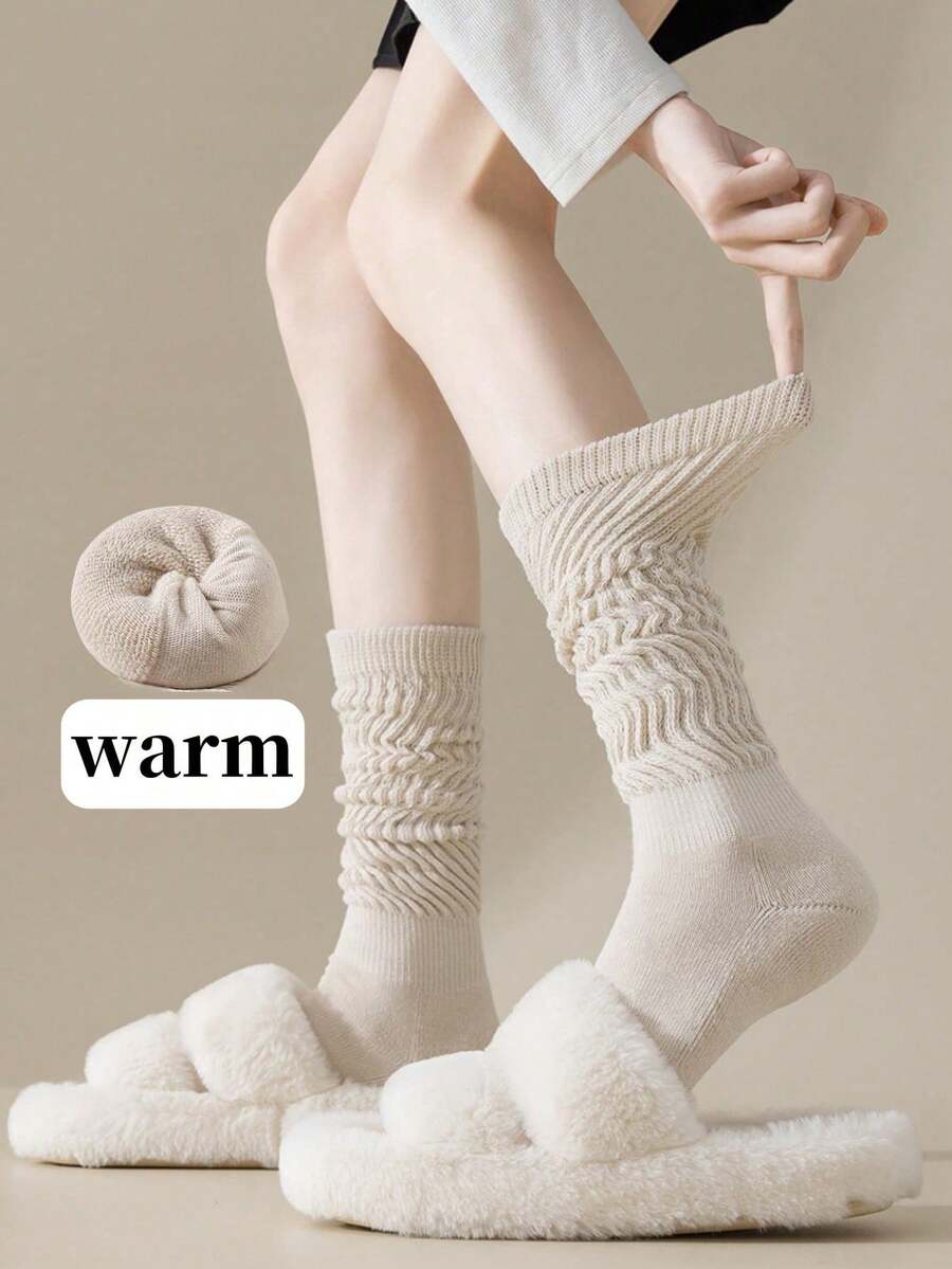 1/2/3 Pairs Women's Loose Pleated Knee-High/Mid-Calf Skateboard Socks, Warm Thick Lining, Solid Color Design, College Style Vintage, Suitable For Autumn/Winter Matching JK, Street Style Outfits - Multicolor - View 1