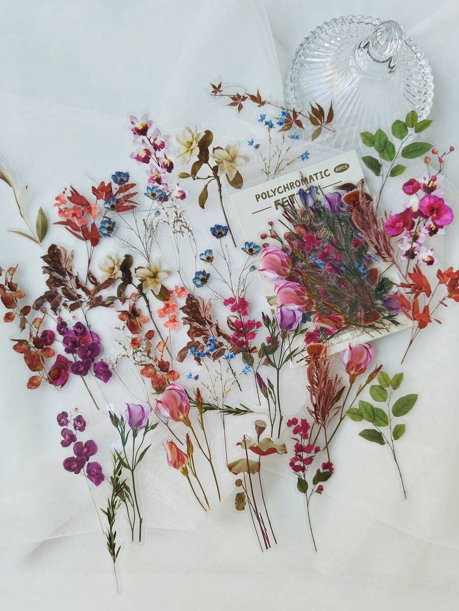 40pcs/Pack Vintage Floral Plant Notebook Decorative Stickers, PET Material, Suitable For Scrapbooking, Labels, Journals, Stationery, Photo Albums, Phone Books, Notebooks, Planners, Back To School - Multicolor - View 1