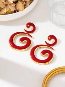 1Pair Exaggerated Chunky Swirl Metallic Dangle Earrings, Spiral Drop Earrings For Party - Red - View 3