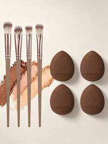 8pcs Mini Eye Makeup Set, 4 Fluffy Precise Eyeshadow Brushes, 4 Teardrop Makeup Sponges, Soft Reusable Eyeshadow, Concealer And Small Area Detail Daily Eye Makeup Blending Tools - Brown - View 1