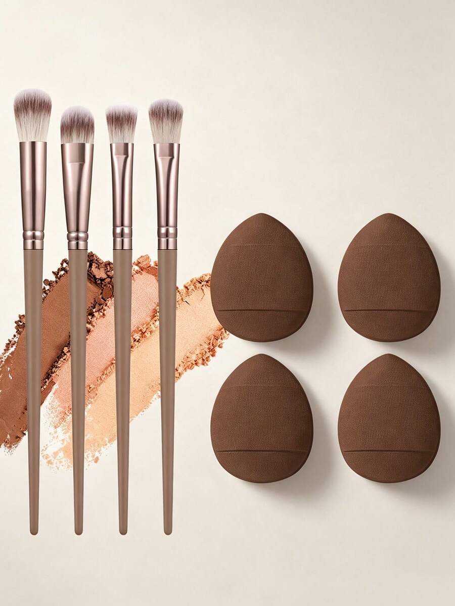 8pcs Mini Eye Makeup Set, 4 Fluffy Precise Eyeshadow Brushes, 4 Teardrop Makeup Sponges, Soft Reusable Eyeshadow, Concealer And Small Area Detail Daily Eye Makeup Blending Tools - Brown - View 1