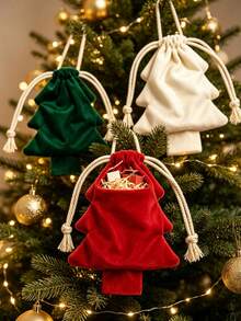 Christmas Tree‑Shaped Velvet Drawstring Gift Bags, , Hangable Christmas Tree Ornaments, Holiday Party Candy Packaging, Christmas Small Gift Pouch - Multicolor - View 4