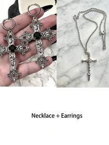 2pcs Gothic Style Exaggerated Silver Rhinestone Cross Earrings, Paired With Black Punk Rock Halloween Accessories (Recommended To Purchase With Care Cloth) - Gothic - View 16