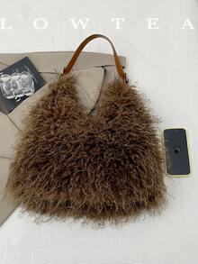 low tea 1pc Crescent Shaped Plush Fabric Shoulder Bag, Suitable For Commuting, Shopping And More - Coffee - View 4