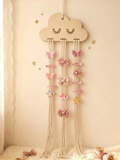 1pc Cloud Wooden Kids Hair Clips And Headbands Storage Organizer Set, Girls Hair Accessories Bow Storage Rack And Hanging Bow Organizer, Can Be Used As Hanging Decoration