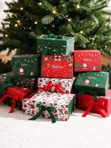 Large Christmas Gift Box With Bow, Red And Green Santa Claus Pattern Design, Suitable For Christmas, Home Decor, Christmas Gifts, Gift Wrapping And Holiday Decoration - One Size Fits All - View 3