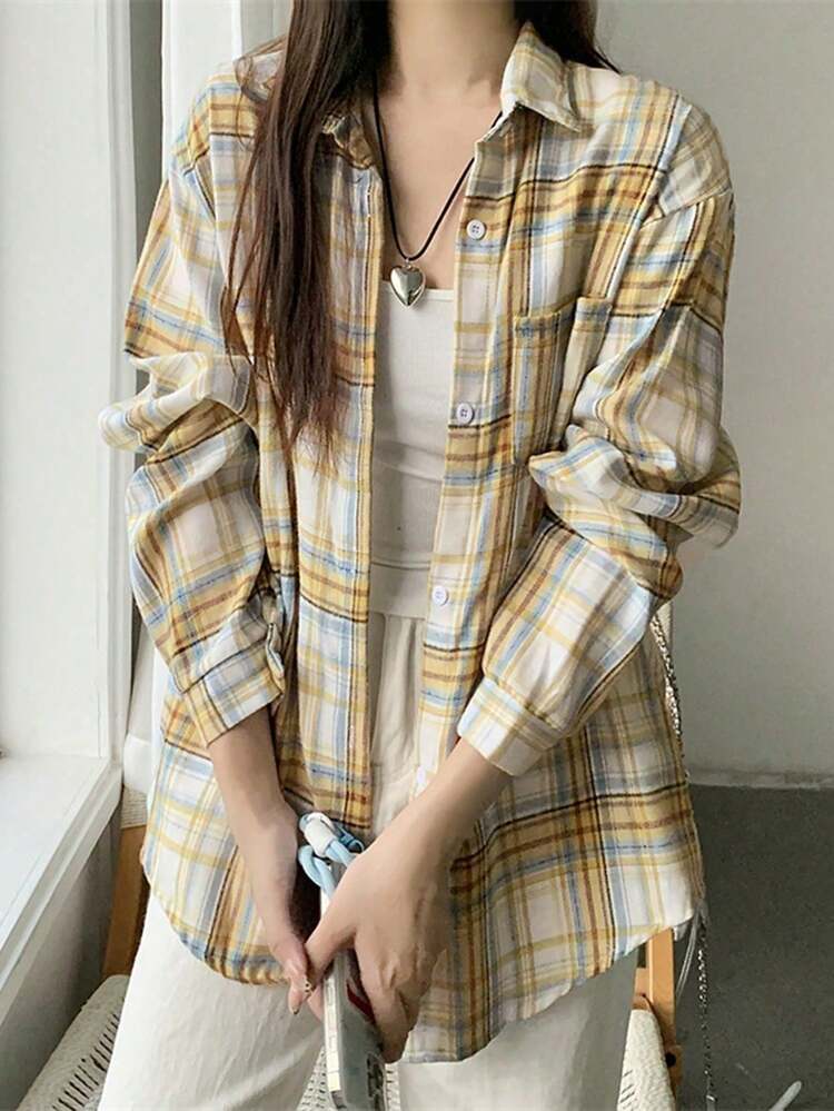 Autumn/Winter Brushed Plaid Shirt, New Stylish Loose Slimming Vintage Mid-Length Long Sleeve Outerwear - Apricot - View 1