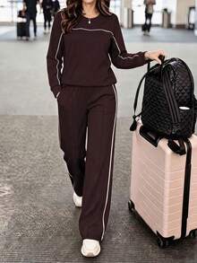 LUNNELUX Women Fall Brown Knit 2 Pieces Outfits, White Piping Round Neck Long Sleeve Top & Wide Leg Pants Set Halloween Travel Daily Tracksuit - Dark Brown - View 7