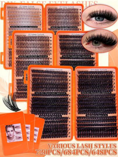 648-720pcs 3D Volume Lash Clusters Kit, 10D-150D Mixed 8-16mm High-Capacity Individual False Eyelashes, Includes Bond Seal Tweezers Brush, Soft Lightweight For Sensitive Eyes Daily Makeup, Aesthetic