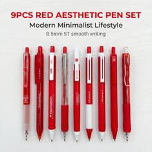 9PCS Red Theme Ballpoint Pen Set, Click-Action Snap Structure, Multiple Pen Barrel Styles, Notebook Recording, Problem Solving, Handwriting, Office Stationery Set, 0.5mm Writing Tip, Student Office Daily Note-Taking And Problem Solving Stationery Set - Sets - View 1