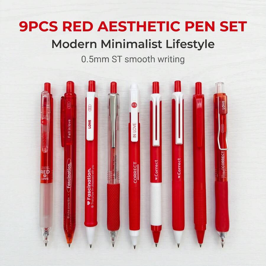 9PCS Red Theme Ballpoint Pen Set, Click-Action Snap Structure, Multiple Pen Barrel Styles, Notebook Recording, Problem Solving, Handwriting, Office Stationery Set, 0.5mm Writing Tip, Student Office Daily Note-Taking And Problem Solving Stationery Set - Sets - View 1