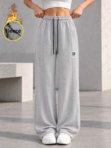 Women Thermal Lined Wide Leg Full Length Pants With Drawstring Elastic Waist Relaxed Fit Casual Sweatpants For Daily Wear. - Grey - View 6