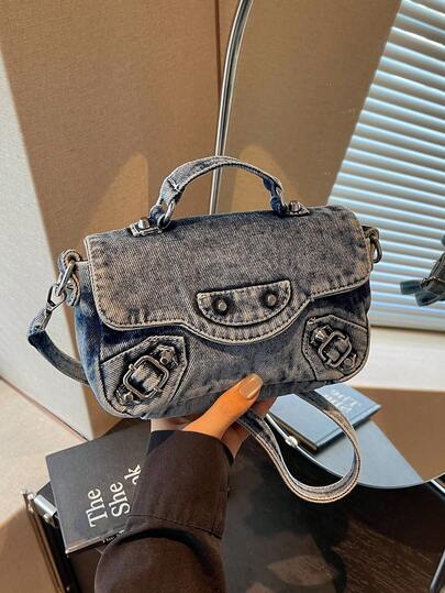 1pc Vintage Washed Blue Rivet Decor Denim Mini Multi-Function Crossbody Handbag With Flap Closure Y2K Biker Bag For Women Daily Outings