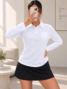 Women's Long Sleeve Polo Shirt Classic Collar Button Front Pocket Casual Top - White - View 6