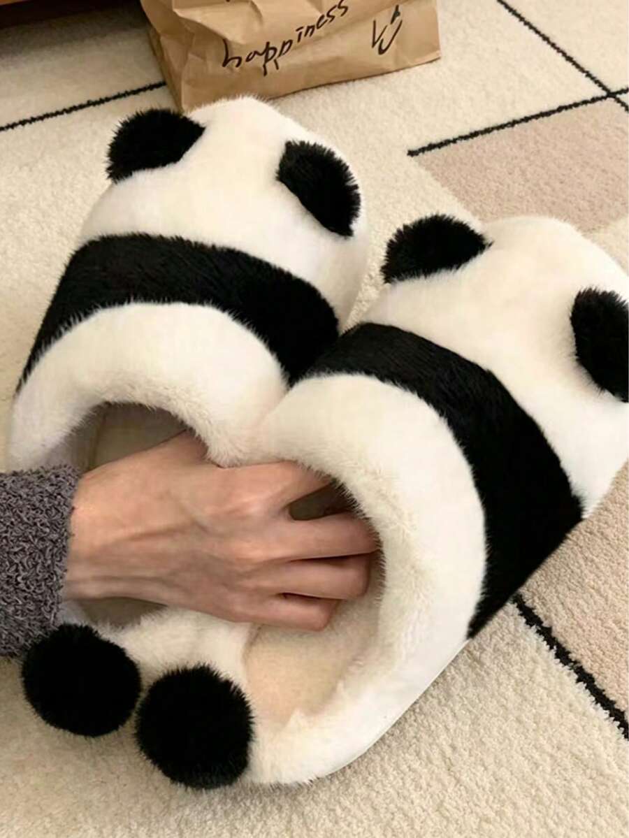 New Cartoon Cute Panda & Dinosaur Thermal Slippers, Warm Plush Indoor Non-Slip Unisex House Slippers, Suitable For Outdoor Wear In Winter - Black and White - View 1
