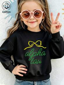 Children's Casual Round-Neck Sweatshirt, Long-Sleeve Round-Neck Sweatshirt With Line-Patterned Bow Print - Black - View 10