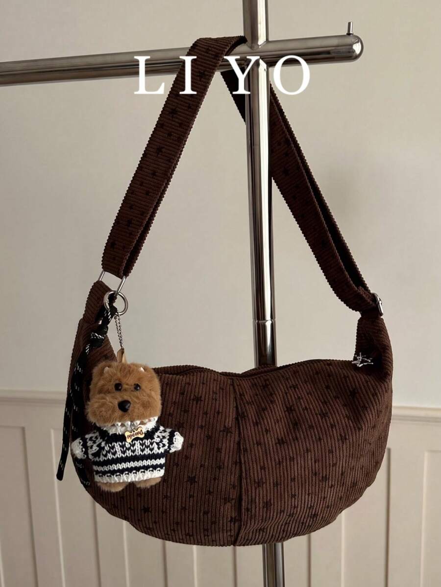 Tas Bahu Bulan Sabit Corduroy Kapasitas Besar dengan Motif Bintang, Tali Bahu yang Dapat Diatur, Tas Selempang Harian Wanita, Dilengkapi dengan Liontin Kartun Lucu
