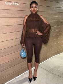 NEW IDEA Women Elegant Brown Fall Mesh 3-Piece Outfits, Cold Shoulder High Neck Sheer Top With Inner Liner & Capri Pants Set For Night Out, Party - Brown - View 5