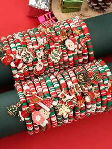 6pcs Christmas Red & Green Striped Soft Clay Elastic Bracelets With Random Christmas Metal Charms, Santa Claus, Christmas Tree, Holiday Accessories - Multicolor - View 4