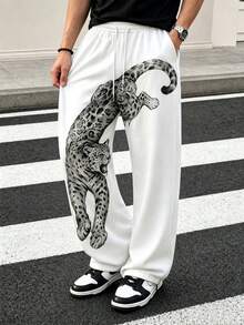 Zrgoth Men's Street Style Wide Leg Long Pants With Jumping Leopard Print Elastic Waist Casual Sweatpants - White - View 2