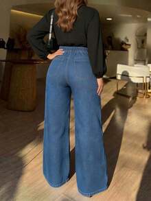 Women's Casual Elegant Lightweight Wide Leg Denim Jeans With Drawstring Waist And Pockets, Long Non-Stretch Boho Style Pants For Fall - Dark Wash - View 5