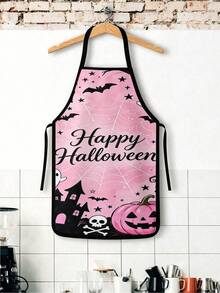 1pc 2pcs 4pcs Happy Halloween Cartoon Apron, Pink Ghost Castle Bat Print Sleeveless Apron, Women Kitchen Baking Apron Holiday Decor - Multicolor - View 3