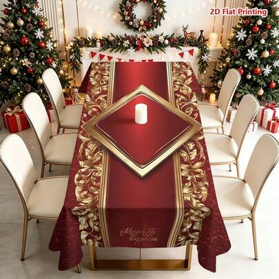 1 pieza Mantel, fondo rojo con patrón floral de enredadera dorada, diseño elegante de marco de diamante en el centro, adecuado para la decoración de la mesa de Navidad, se puede usar en el comedor, cocina, picnic, camping, fiesta, granja y decoración de mesa, mejorando la atmósfera festiva y el estilo del espacio