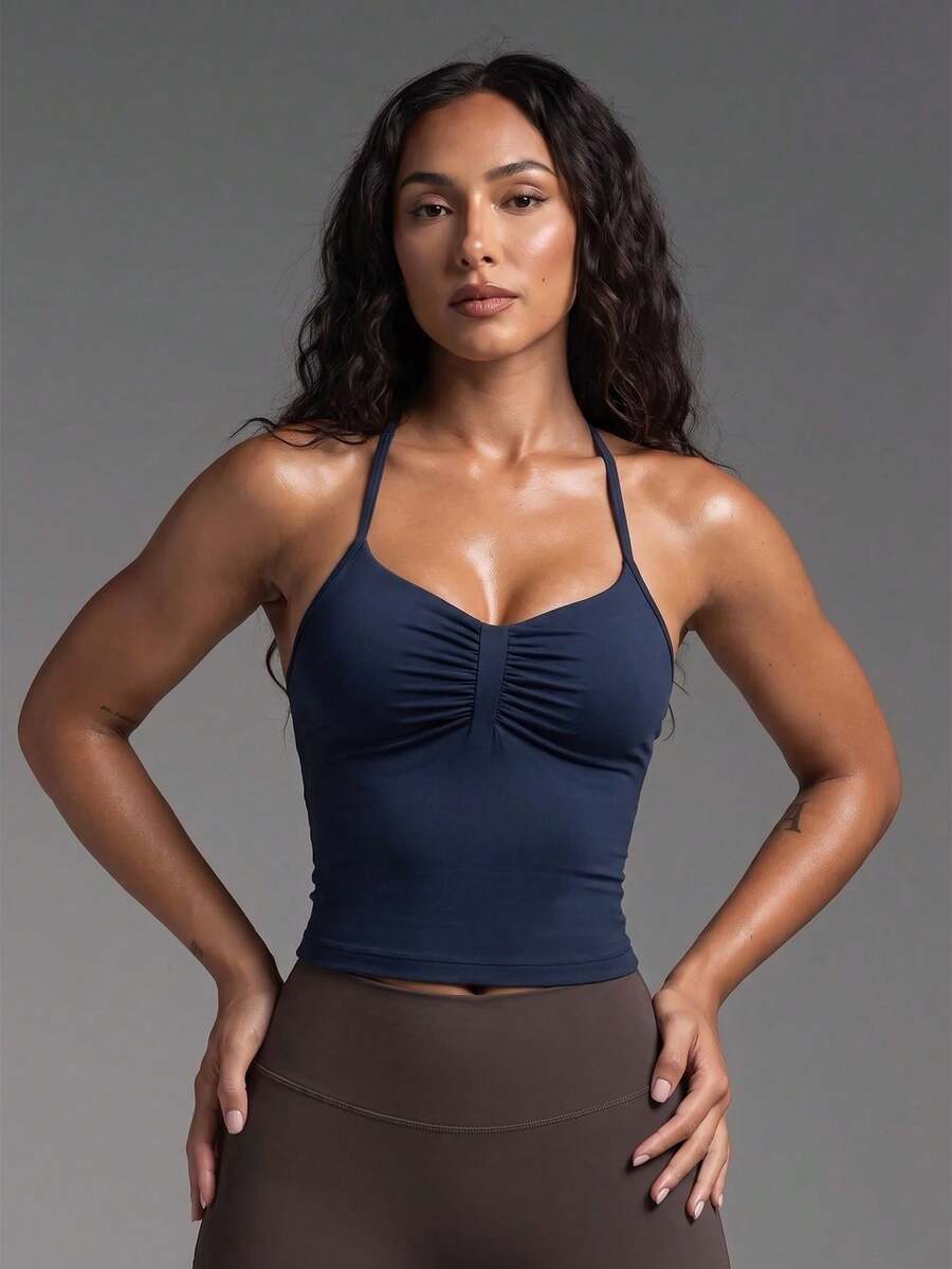 Women's Sports Casual Camisole Tank Top With Padded Cups, Spaghetti Strap Backless Ruched Solid Color Basic Top, Suitable For Yoga, Gym, Running, Workout, Daily Wear - Navy Blue - View 1