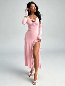 Autumn V-Neck Hollow Out Tie-Up Ruffle Trim Slit Long Sleeve Dress - Pink - View 2
