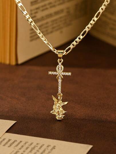 1 pieza Collar con colgante de cruz de 8 figuras del Arcángel San Miguel en 3D, estilo vintage pequeño, de cobre chapado en oro de 14k, estilo europeo y americano, edición limitada Guardian Light, con cadena Figaro de 50 cm, regalo para Navidad/Acción de Gracias/Halloween/Día de la Madre/San Valentín/parejas/amigos/compañeros creyentes, Primera Comunión católica, uso diario y festivo, oración