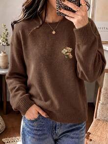 Plus Size Women's Ghost Reading Bookshelf Graphic Casual Pullover Sweater - Dark Ochre - View 7