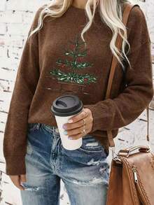 Women's Plus Size Long Sleeve Pullover Sweater, Vintage Hand-Painted Sleigh & Christmas Tree Print, Loose Casual Top, Suitable For Autumn/Winter - Dark Ochre - View 1