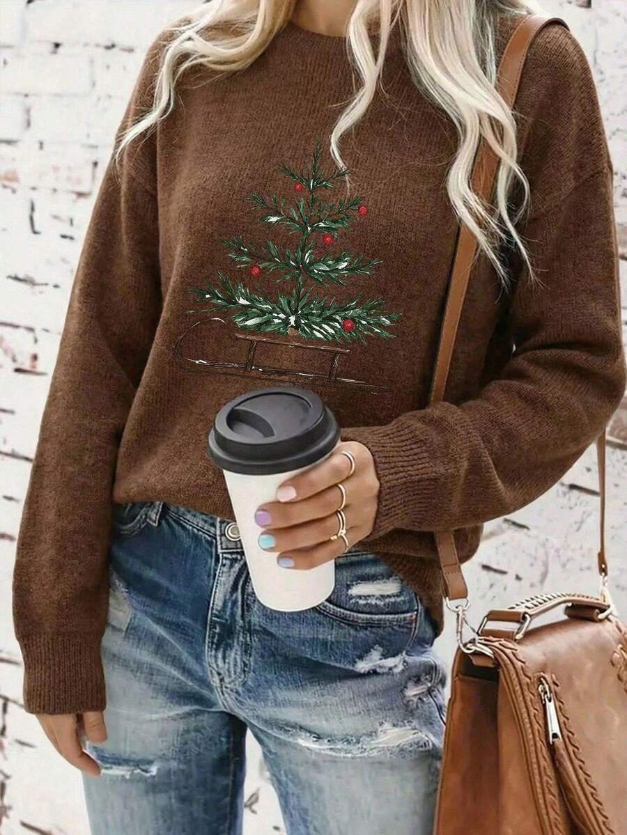 Women's Plus Size Long Sleeve Pullover Sweater, Vintage Hand-Painted Sleigh & Christmas Tree Print, Loose Casual Top, Suitable For Autumn/Winter - Dark Ochre - View 1