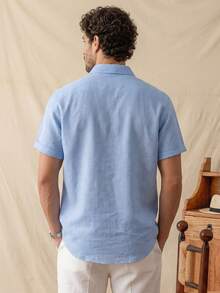 glestore Men's Vintage Old Money Aesthetic Linen-Texture Solid Color Short Sleeve Button-Up Shirt, Casual Versatile All-Season - Baby Blue - View 3