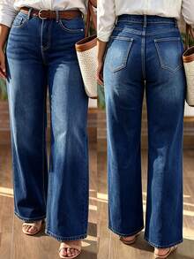 Celana Jeans Wanita Ukuran Besar Warna Biru dengan Potongan Lebar, Detail Kancing, Panjang, Bahan Sedang Elastis, Cocok untuk Dipakai di Musim Gugur - Biru tua - View 6