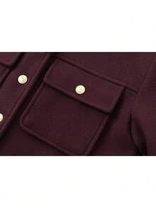 2026 Winter Women's Vintage Burgundy Wool Jacket With Button Front, Elegant Street Style Casual Pocket Top - Burgundy - View 8